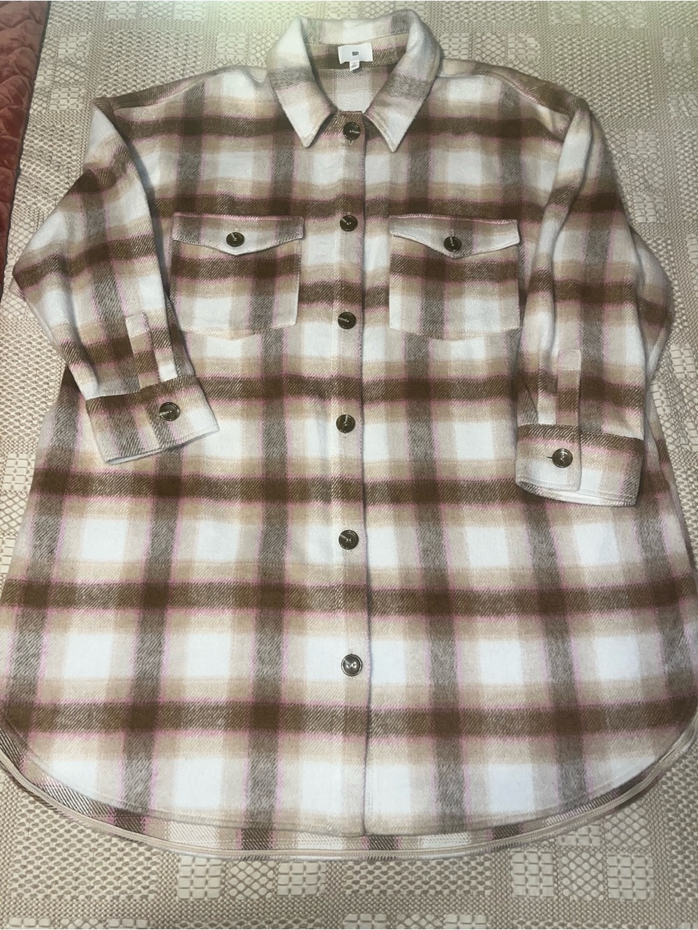 Plaid Button-Up Shacket Jacket in Cream Brown and Pink